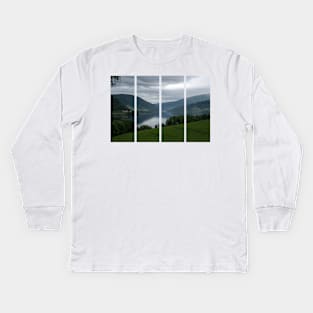 Wonderful landscapes in Norway. Vestland. Beautiful scenery of Vangsvatnet lake from the village of Bulken. Mountains, trees in background. Rainy day Kids Long Sleeve T-Shirt